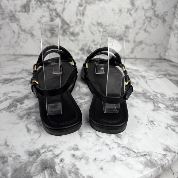Coach Jeri Black Leather Sandals Size 7.5 Thong Slingback Flat C Logo Buckle - Picture 6 of 10